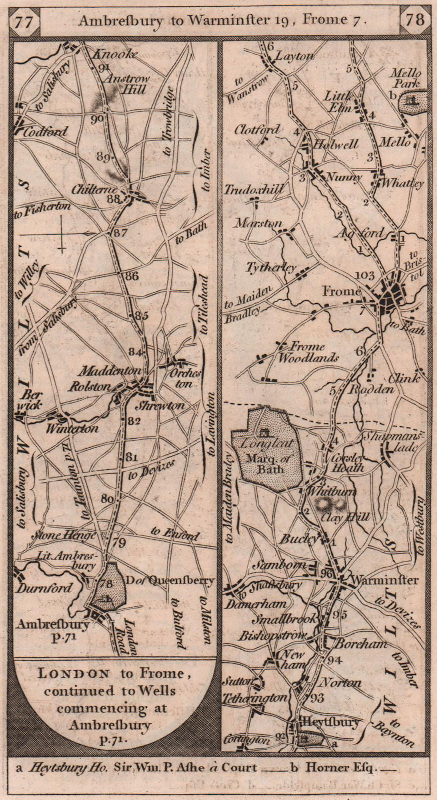 Amesbury-Stonehenge-Warminster-Frome road strip map PATERSON 1803 old